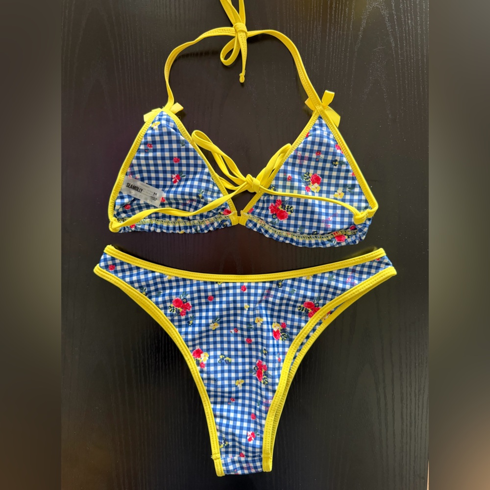 Blue Gingham Floral Bikini Set with Yellow Trim and Matching Skirt - Picture 3 of 3